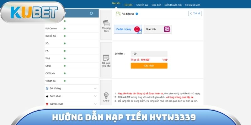 Hướng dẫn nạp tiền hytw3339